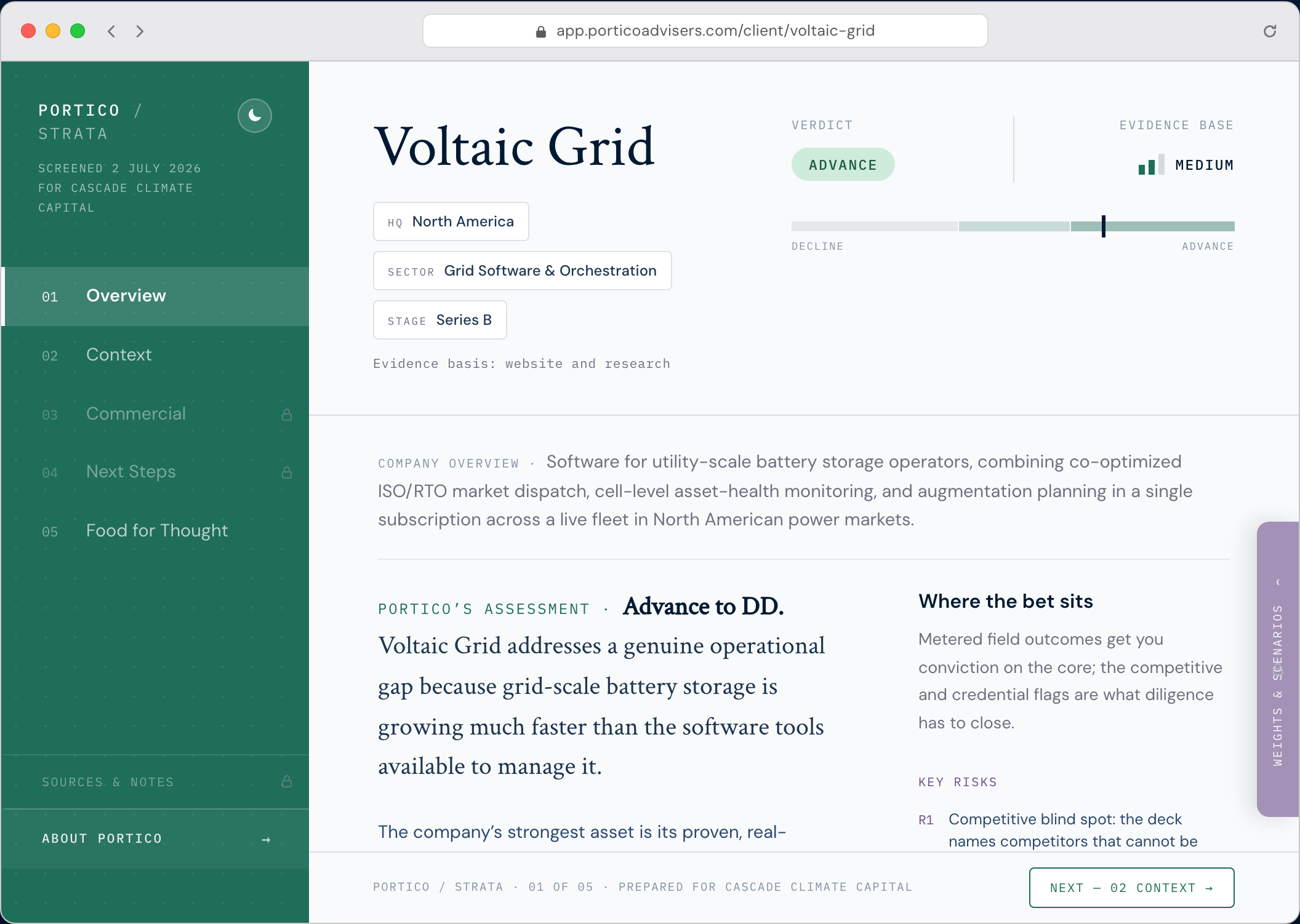 Voltaic Grid screening dossier in the Strata client view: verdict, evidence base, and classification for a synthetic company.